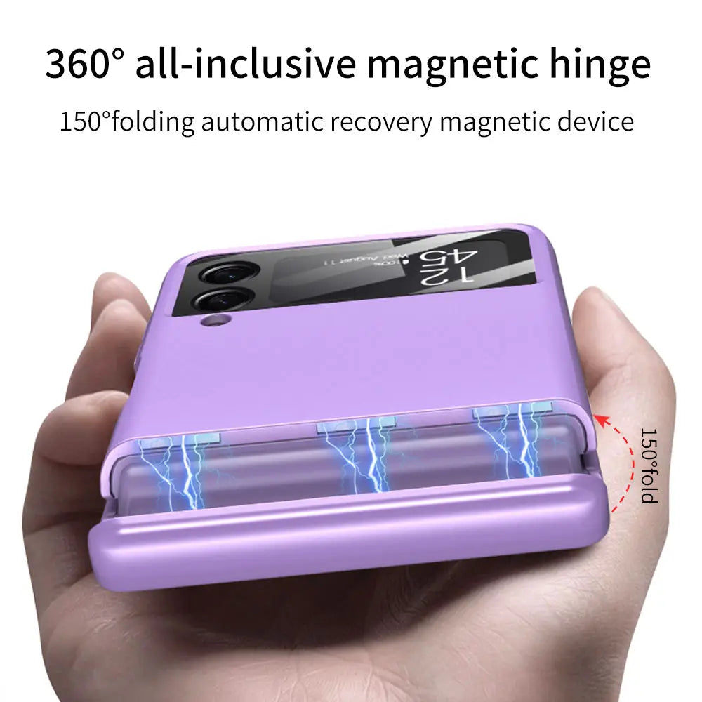 Hand holding a purple folding smartphone with magnetic hinge protective case