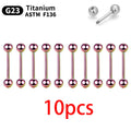 A set of ten rainbow-colored industrial barbell piercing rings.