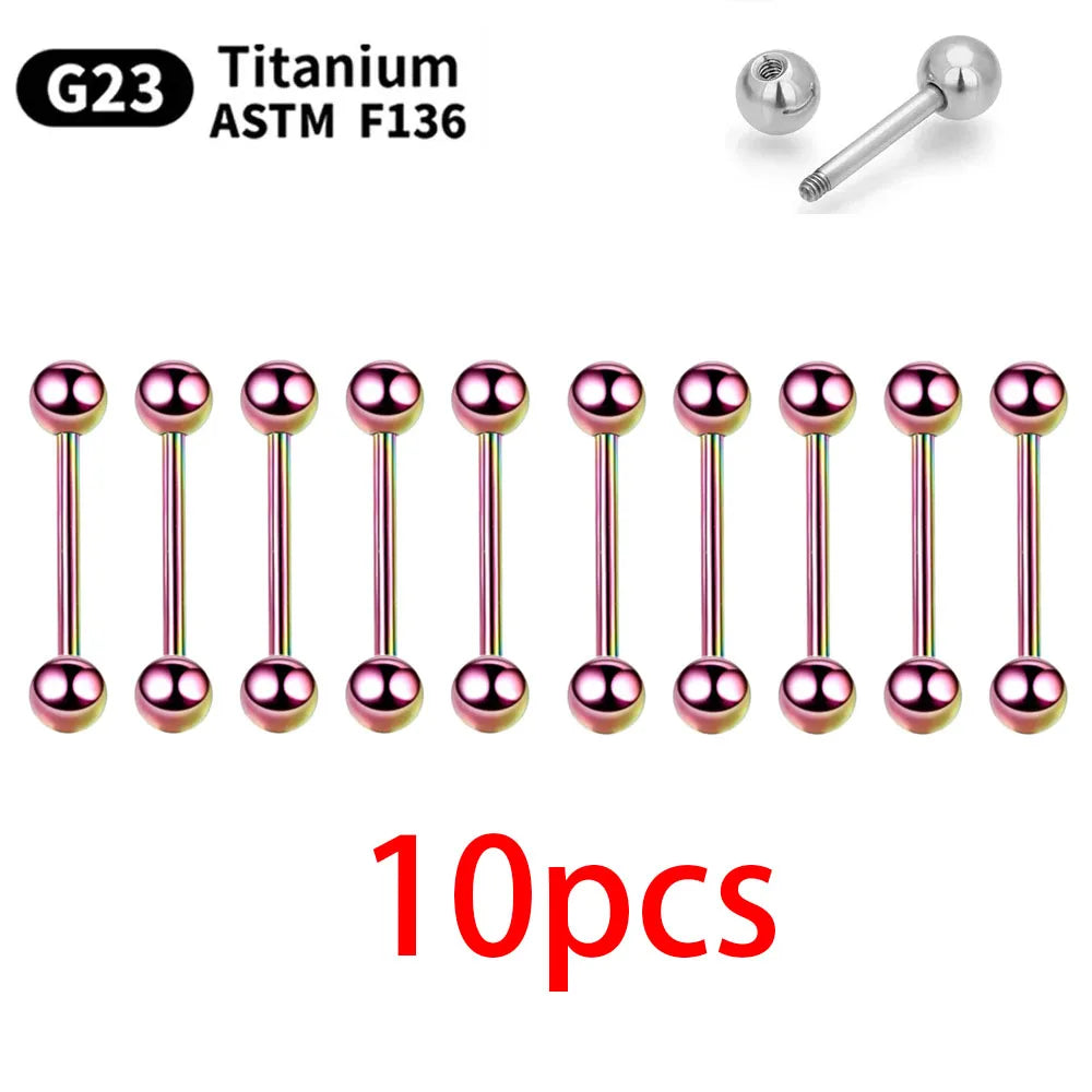 A set of ten rainbow-colored industrial barbell piercing rings.