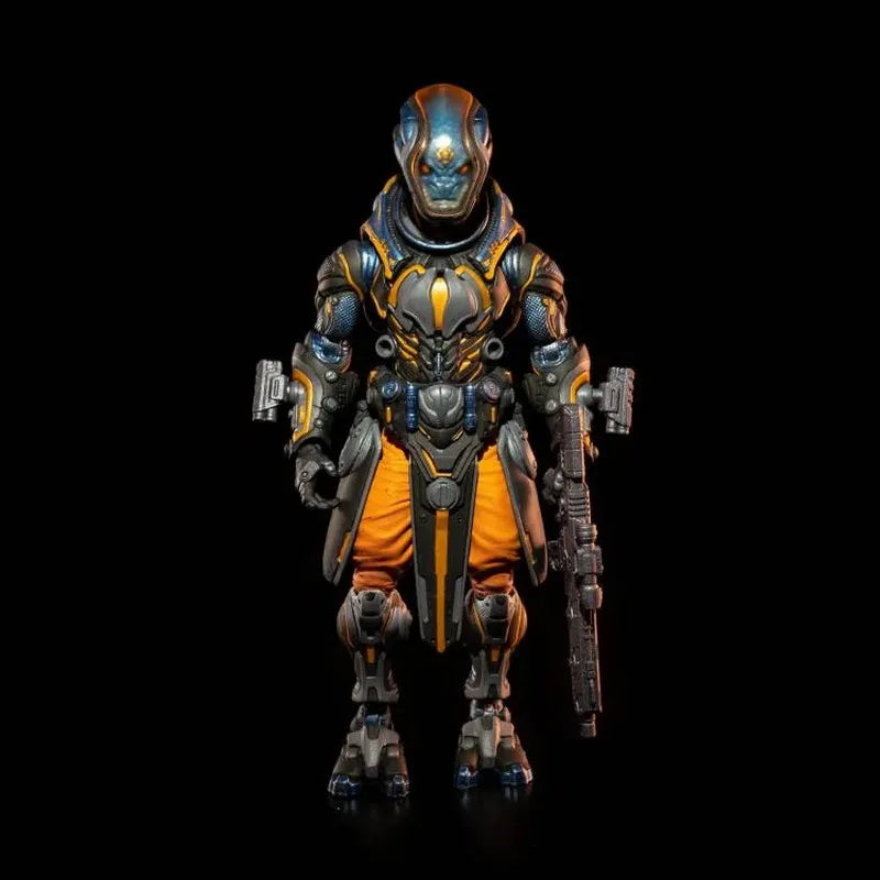 Cosmic Legions space alien action figure with orange pants and helmeted head, front view