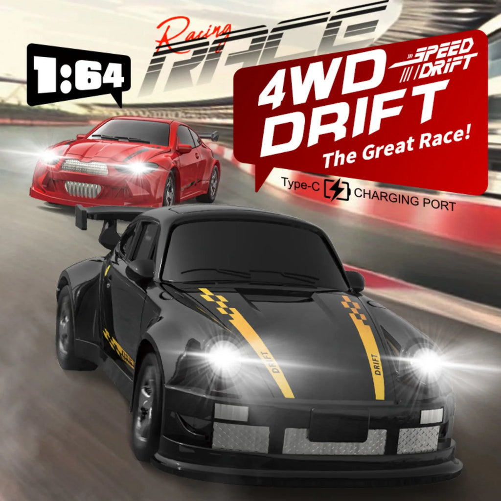 Two miniature radio-controlled drift cars on a race track background.