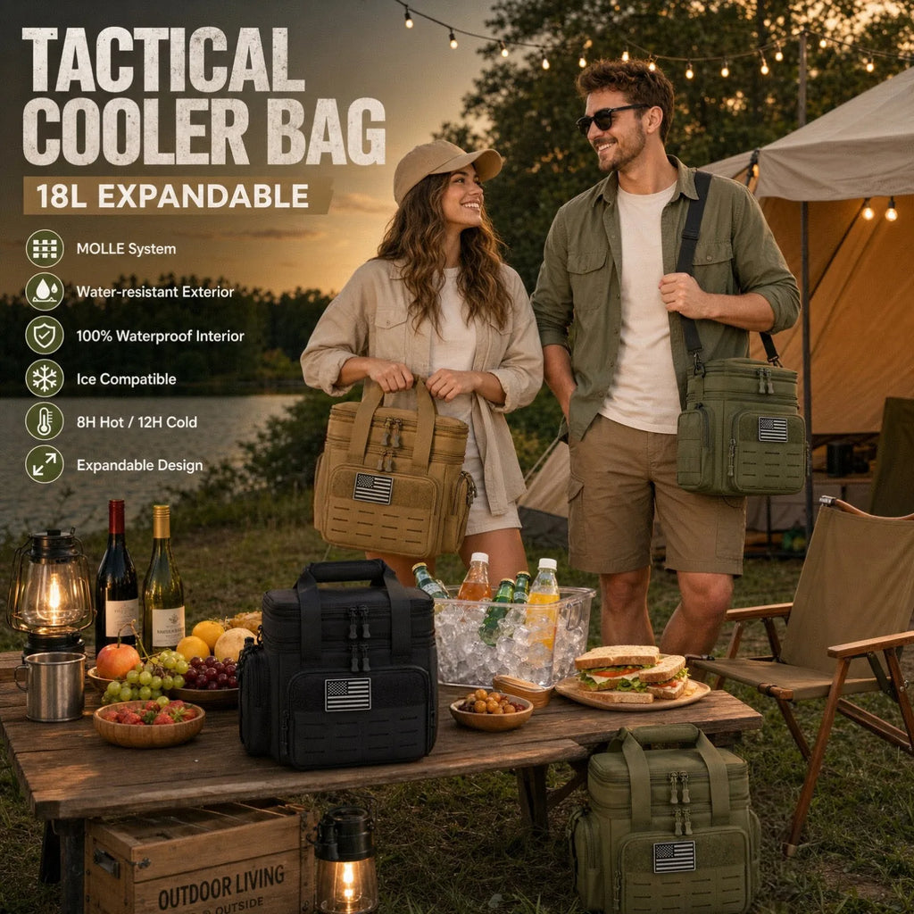Tactical style 18L insulated cooler bag in solid color available in green, black, or khaki