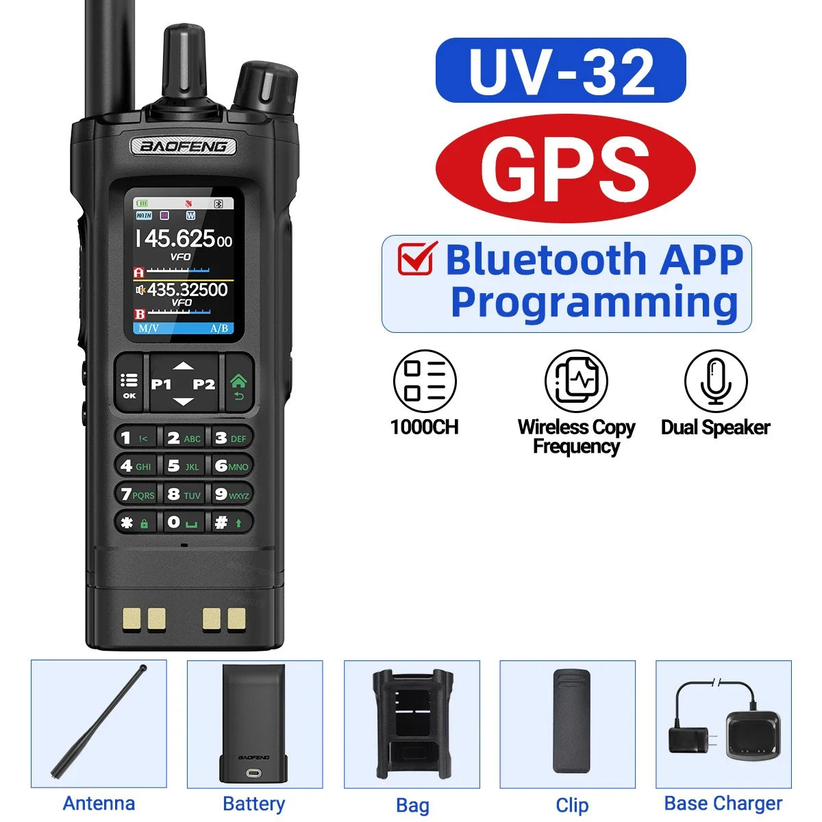 Baofeng UV-32 Portable Two-Way Radio with GPS and 1000 Channels – UV-32-Black