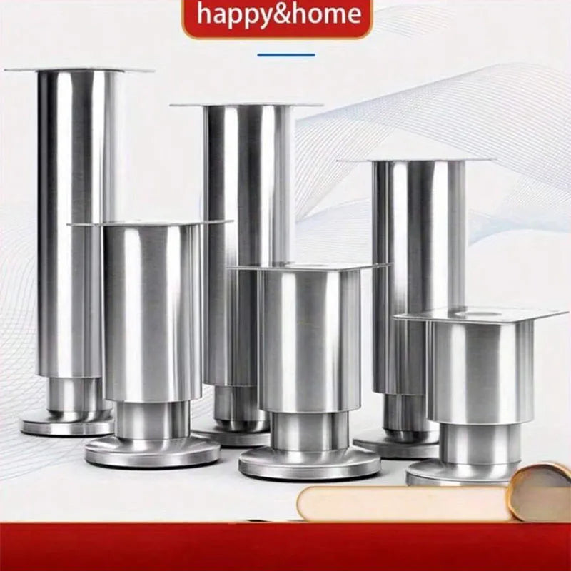 A variety of stainless steel cylindrical furniture legs of different heights arranged for comparison