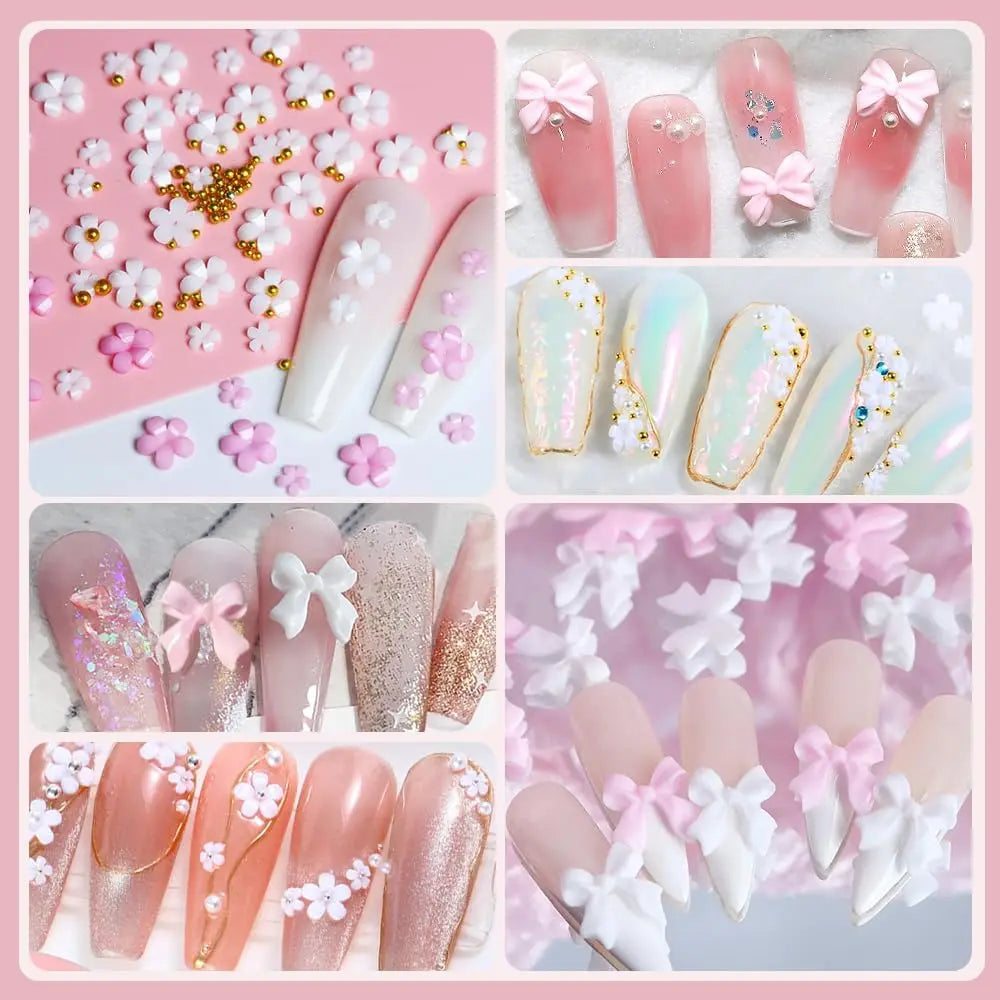 A collage of multiple photos displaying different manicured nail designs decorated with bows, flowers, and pearls