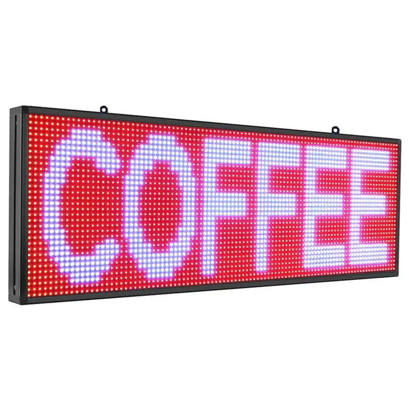 A wide, horizontal red and white LED digital message display sign showing the word COFFEE.