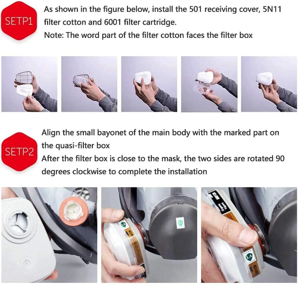 Step by step installation guide for attaching filters to half face respirator mask