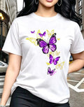 A white short-sleeved t-shirt with a printed butterfly design, worn by a woman.