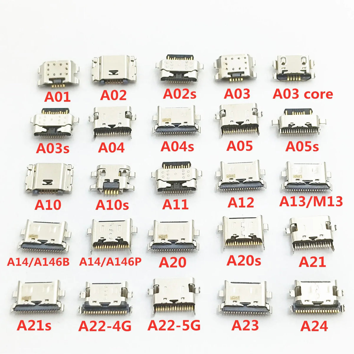 A collection of various micro USB charging port dock connector replacements for mobile phones, labeled with model names.