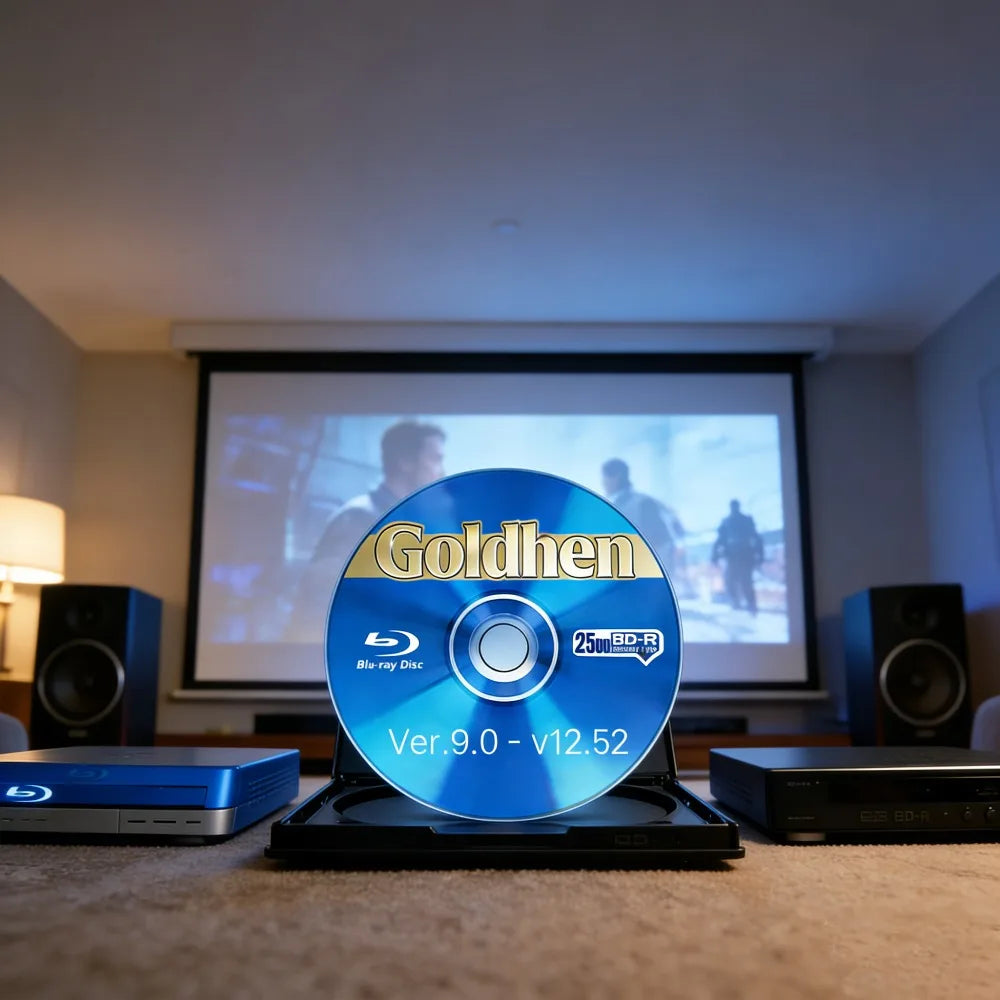 Blue ray disc with jailbreak software positioned in front of a home theater projection screen