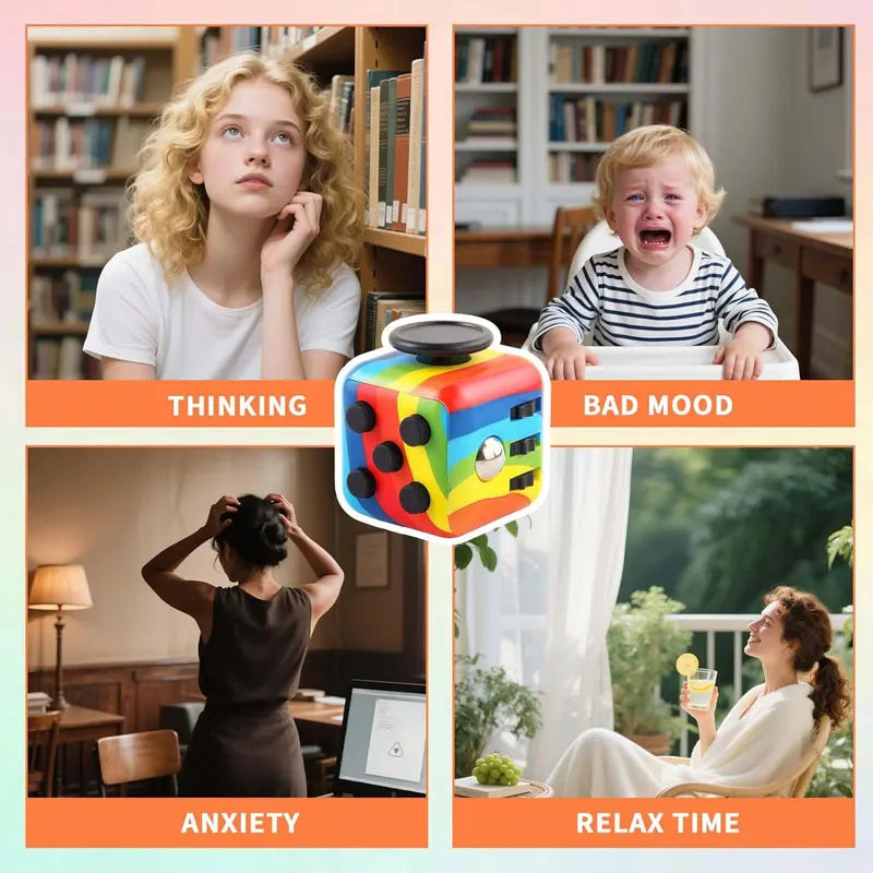 Collage of different people using a sensory fidget cube in various emotional contexts like thinking, stress, and relaxation.