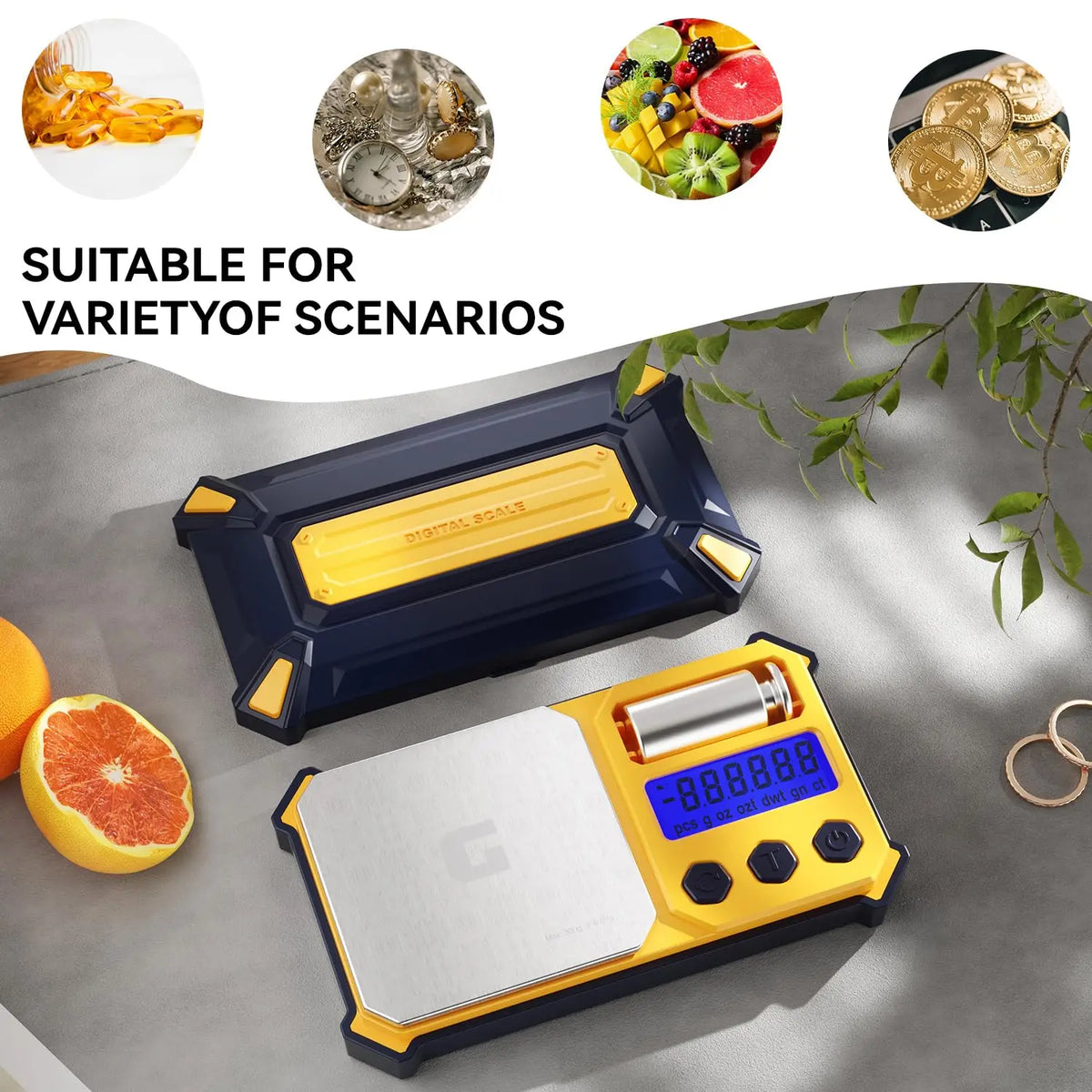 Versatile digital gram scale shown with jewelry, coins, fruit and powders for various measuring scenarios