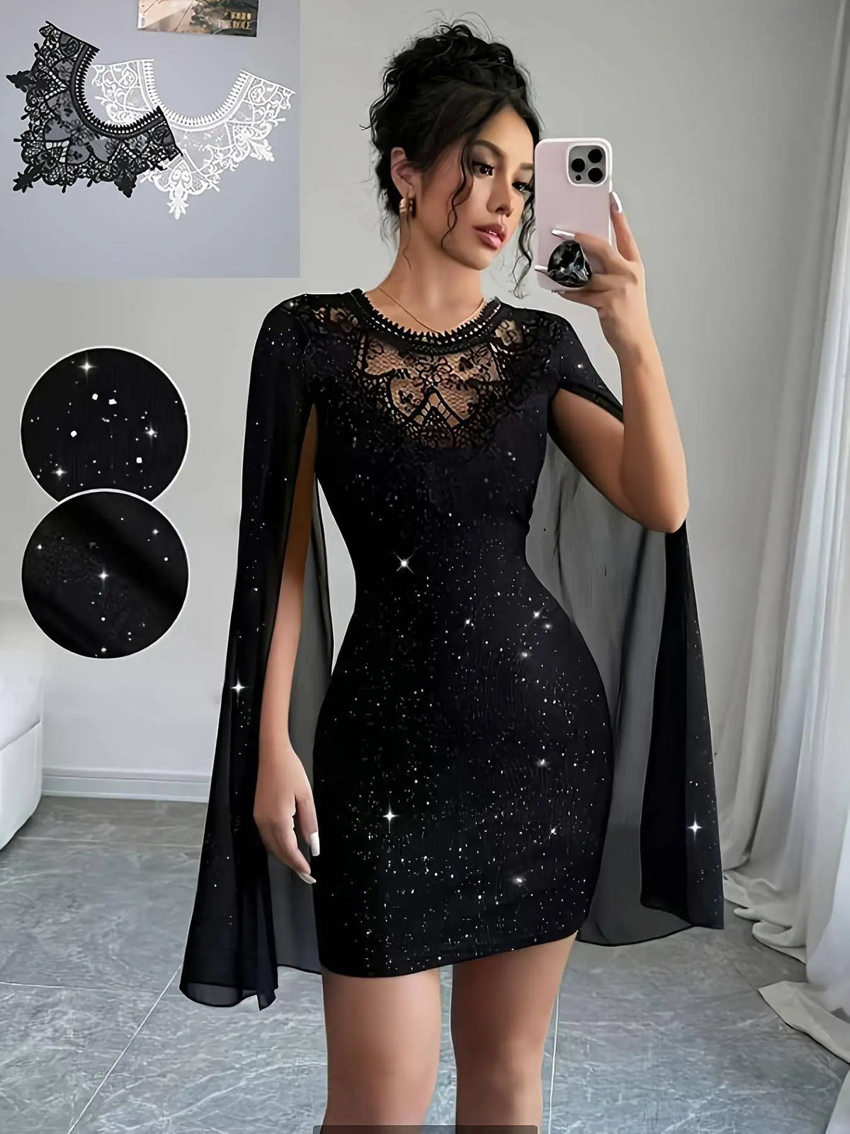 Black glittery bodycon mini dress with sheer cape sleeves and lace detail