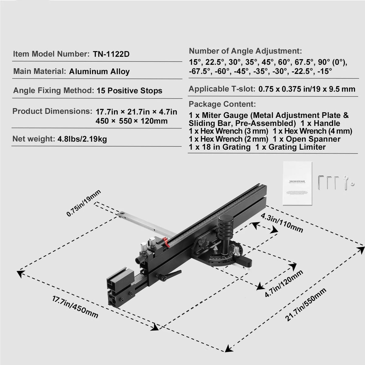 SucceBuy Precision Table Saw Miter Gauge with 15 Angle Stops – 19 to 35 in Grating