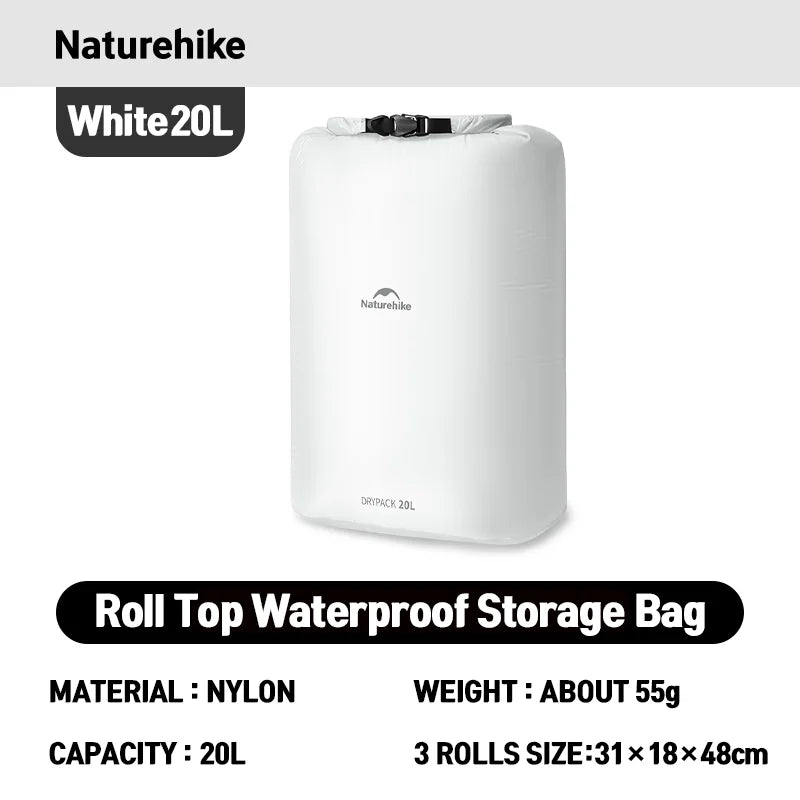 Naturehike Rolled Waterproof Storage Bag - Lightweight Compression Organizer – White 20L New