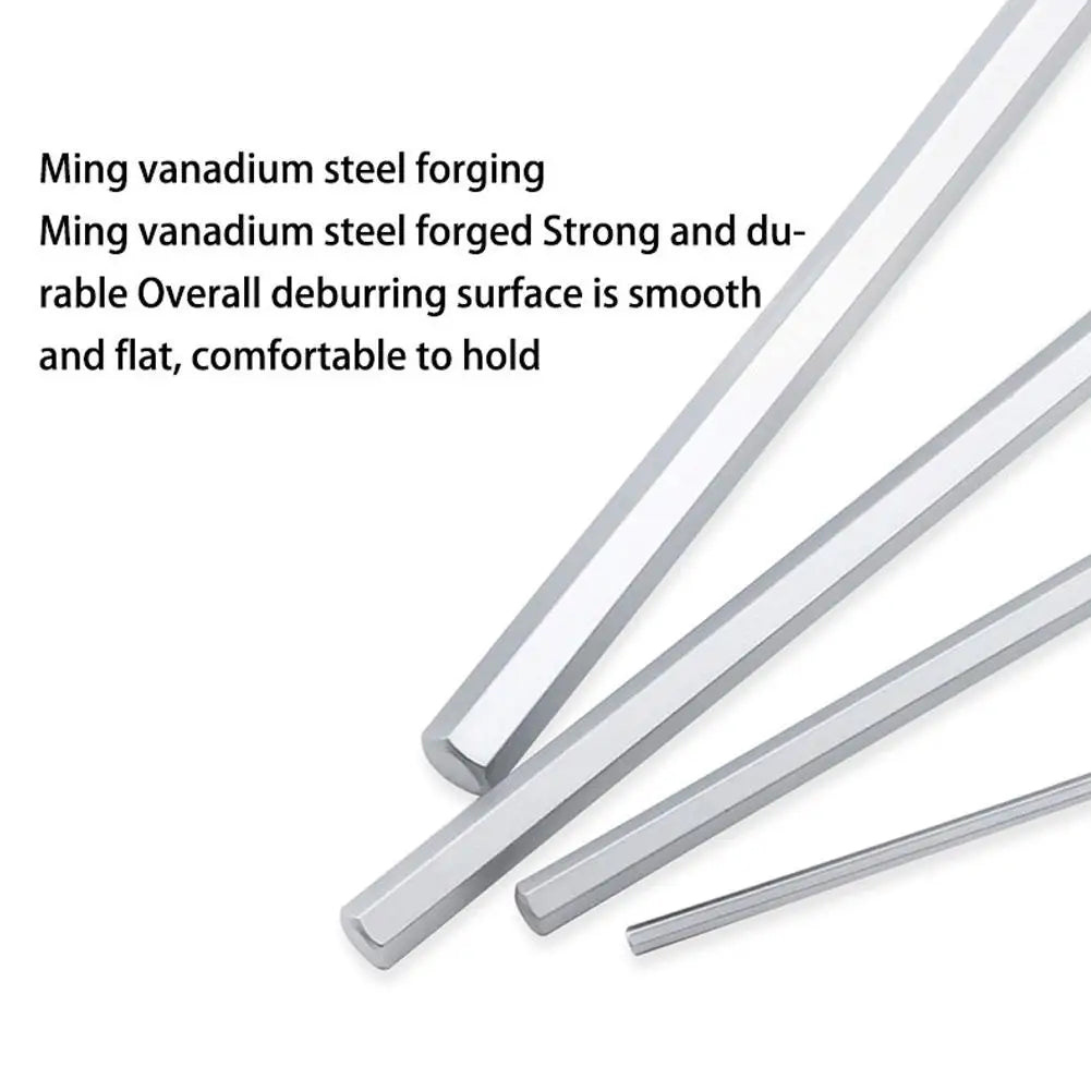 Close-up view of metal hex wrench rods showing smooth finish.