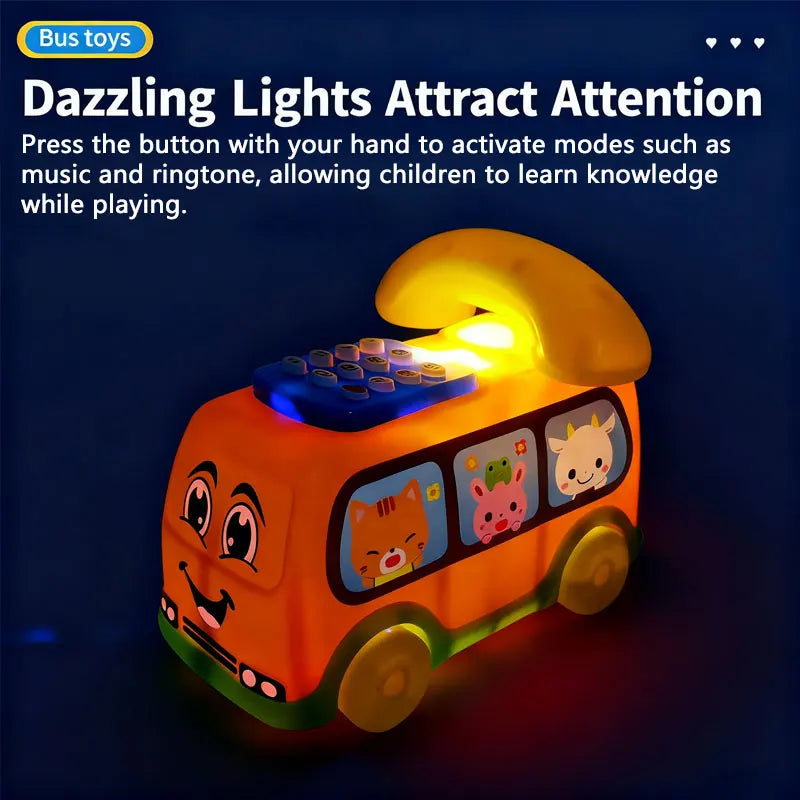 Orange musical toy telephone bus with illuminated lights