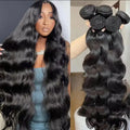 Black body wave hair extensions on a woman and a hand holding bundled hair wefts.