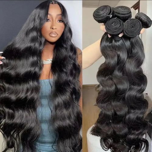 Black body wave hair extensions on a woman and a hand holding bundled hair wefts.