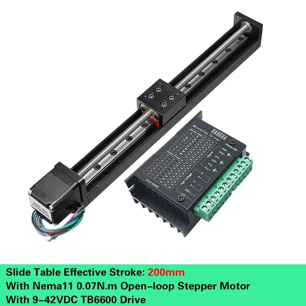 T06 Electric Linear Sliding Table with Nema 11 Stepper Motor, 50-300mm Stroke – 200mm Stroke Driver