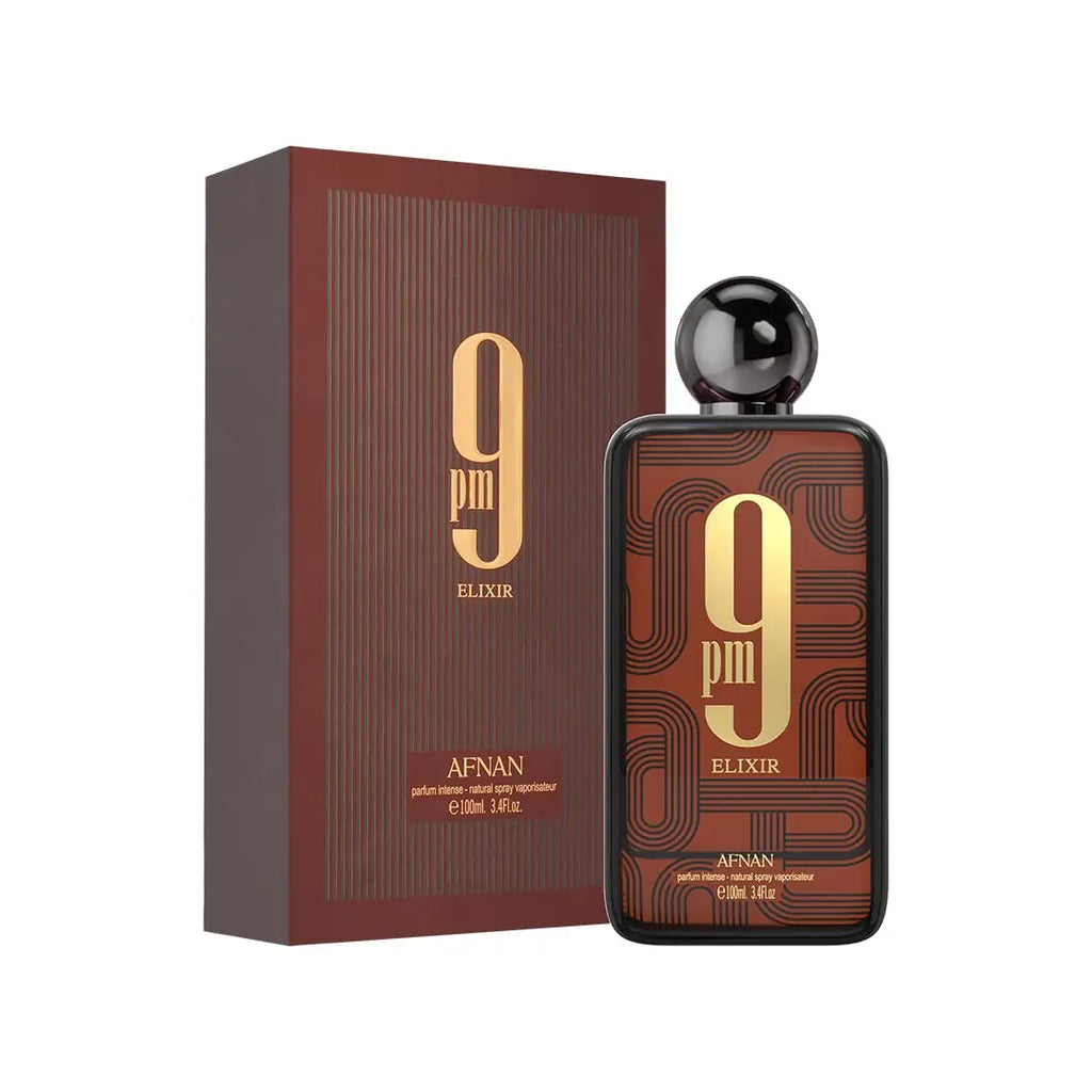 Brown fragrance bottle and box, white background