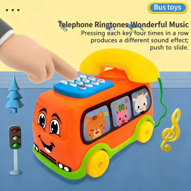 Hand pressing buttons on an orange musical toy telephone bus for toddlers