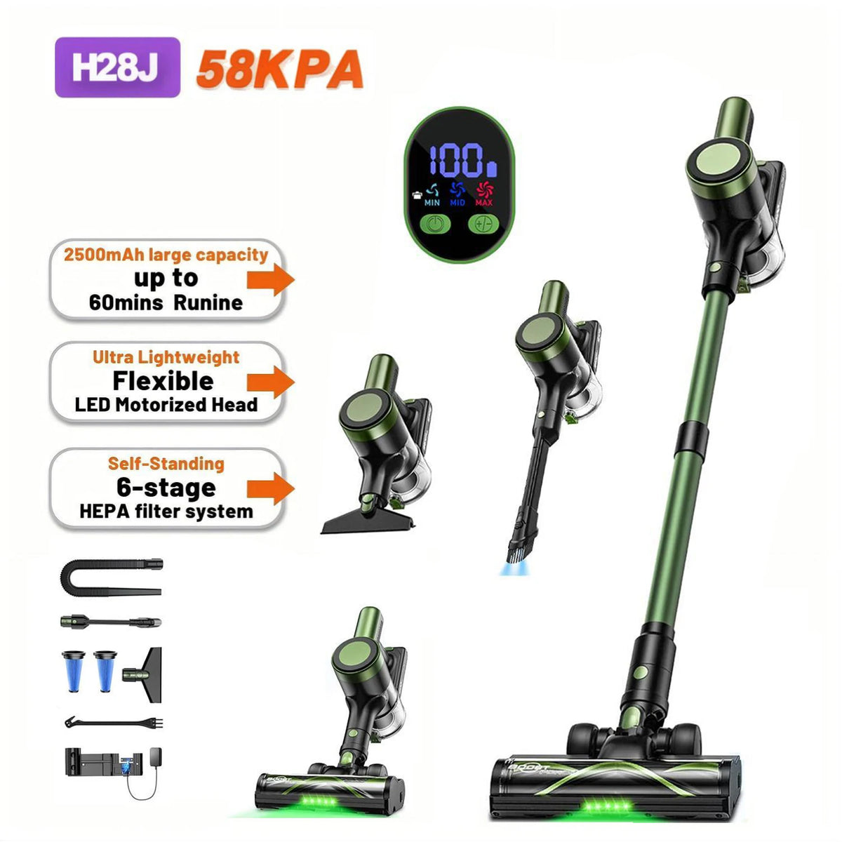 SuXiangVac Cordless Vacuum Cleaner, 58KPa, 55-Min Runtime, Self-Standing – Military Green