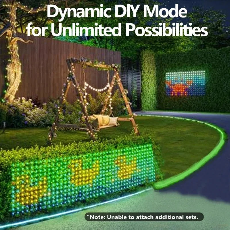 Smart mesh lighting installed in a garden displaying custom holiday patterns