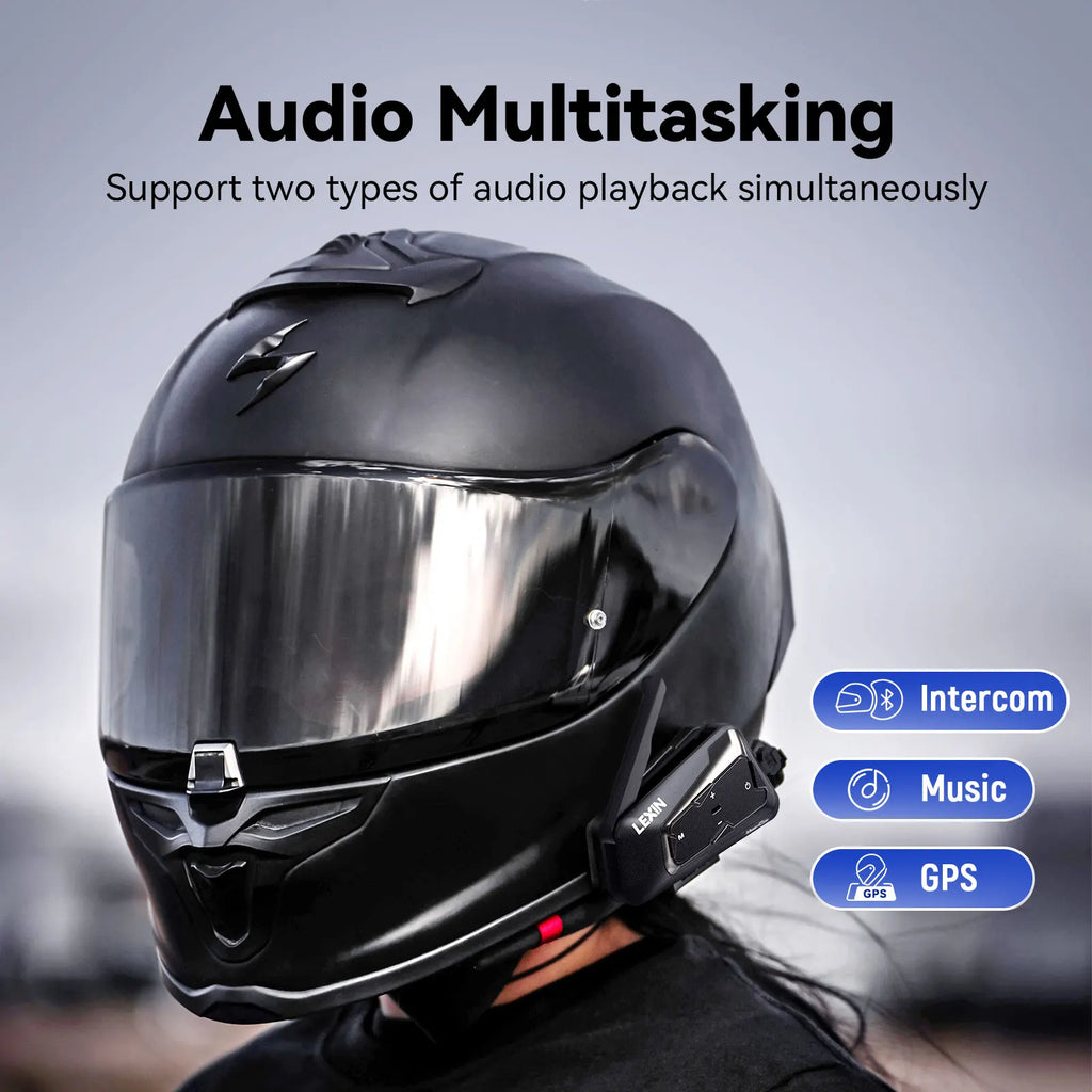 Black motorcycle helmet with an intercom unit attached showing audio multitasking features