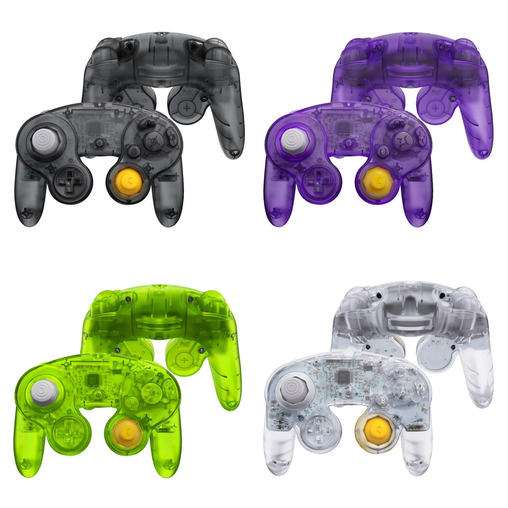 Set of four transparent replacement shells for gaming controllers in black, purple, green, and clear.