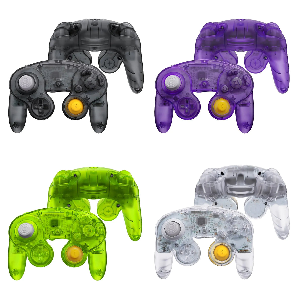 Set of four transparent replacement shells for gaming controllers in black, purple, green, and clear.