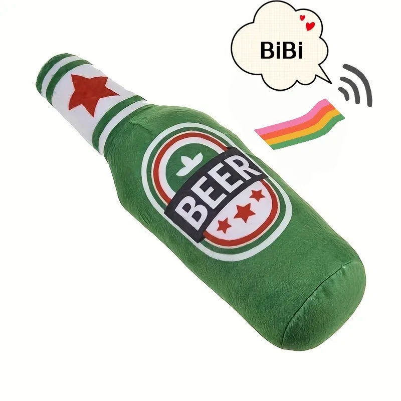 Green plush beer bottle dog toy with a squeaker speech bubble icon