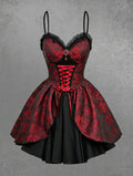 A black and red rose print gothic dress with spaghetti straps, lace trim, corset-style lacing and a flared skirt