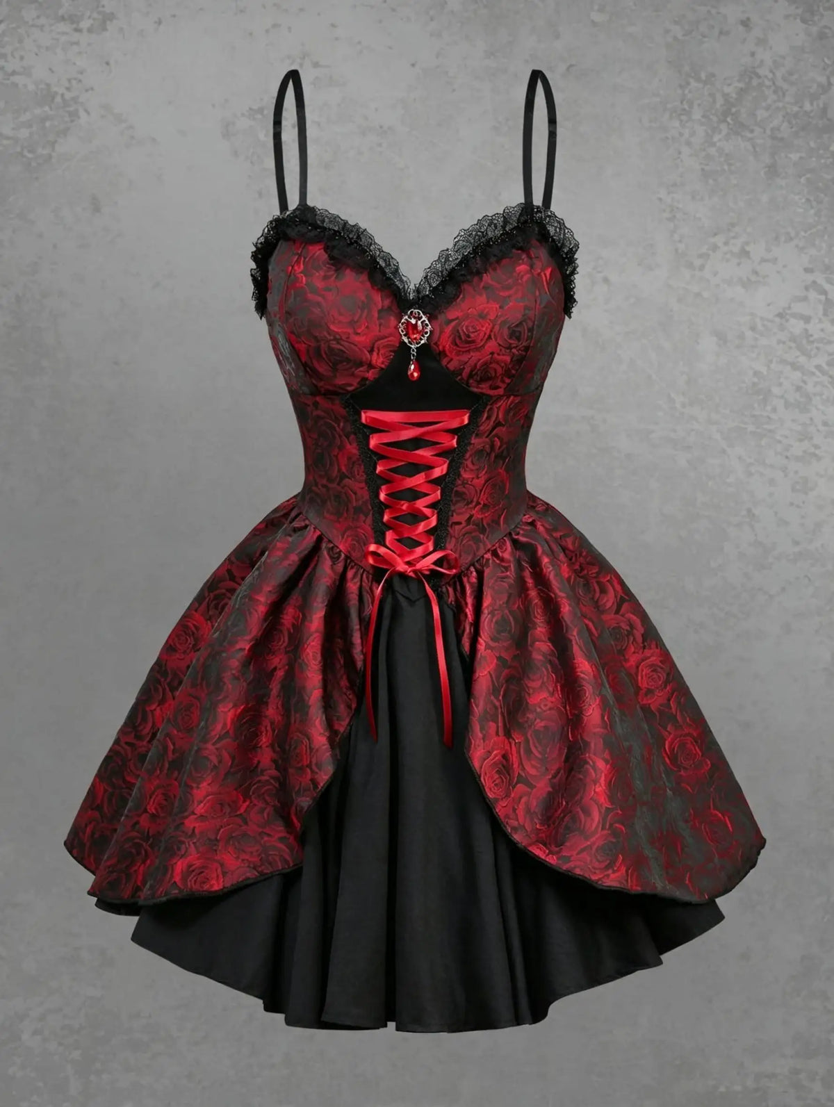 A black and red rose print gothic dress with spaghetti straps, lace trim, corset-style lacing and a flared skirt
