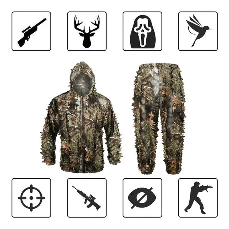 3D woodland leaf camouflage ghillie suit surrounded by hunting and wildlife icons