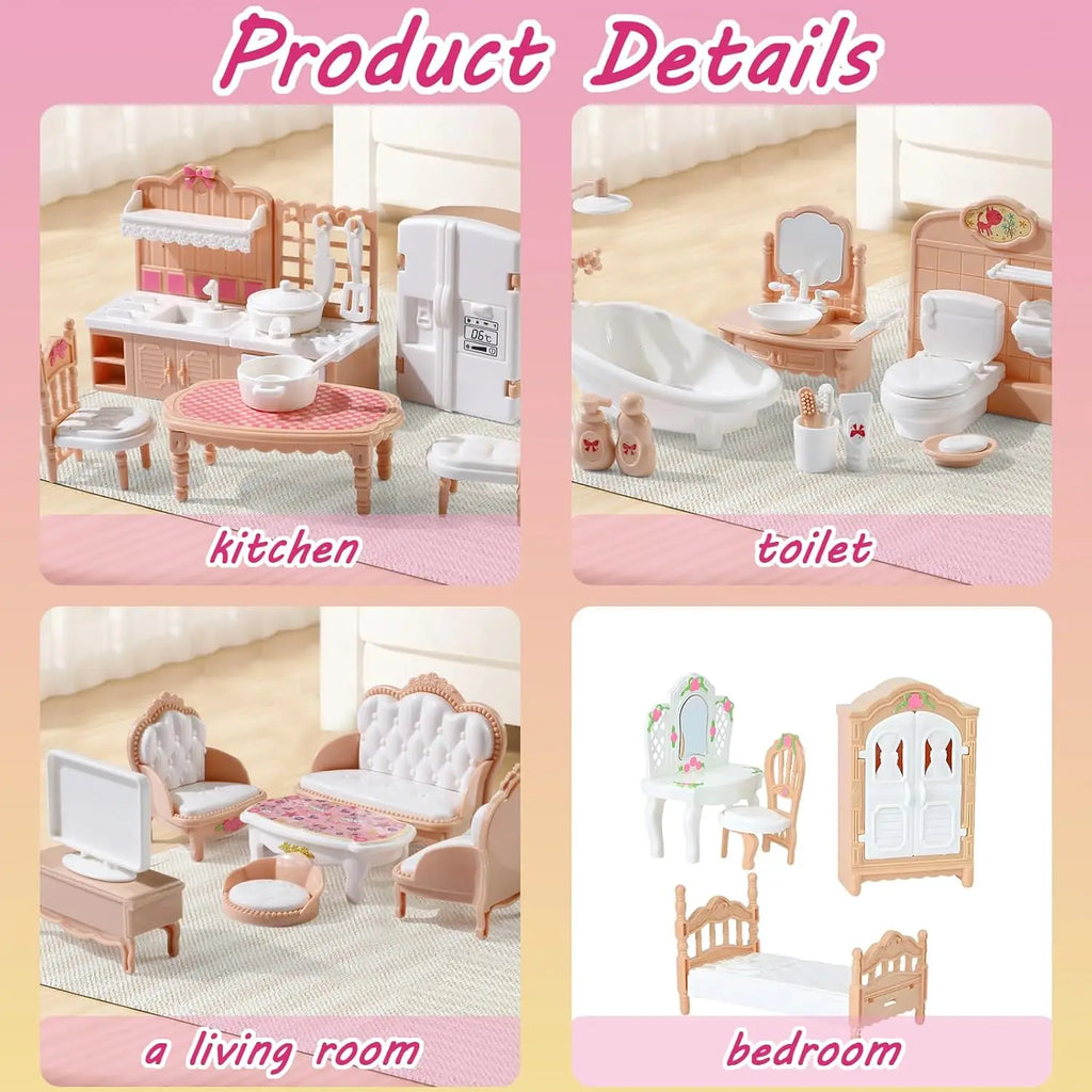 Product details for various miniature dollhouse room furniture sets shown in collage.