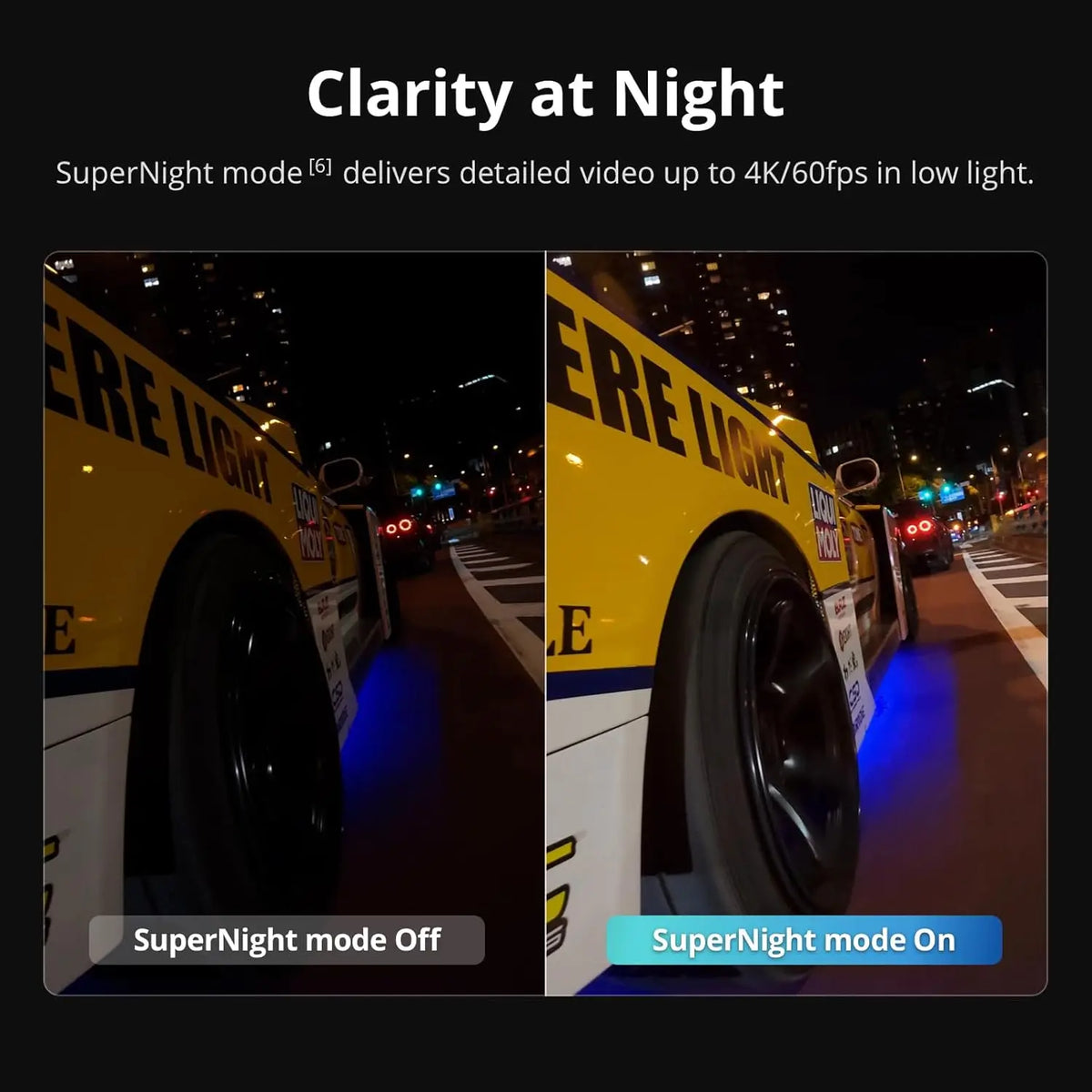 Comparison of night time footage with SuperNight mode off and on