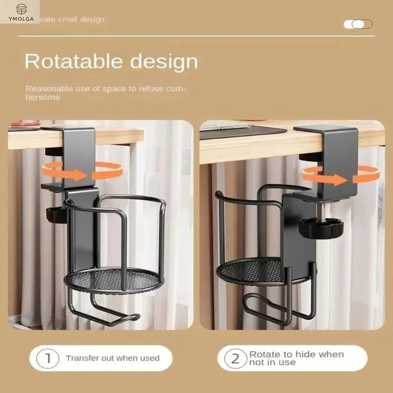 Diagram showing the rotatable design of a black desk cup holder