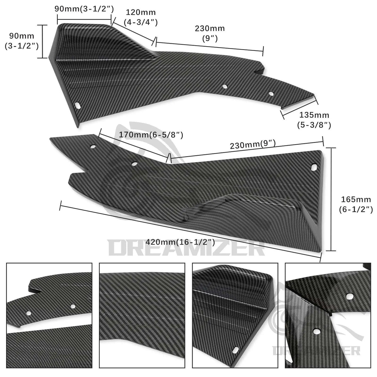 Carbon fiber style rear bumper side spoiler splitter with dimension annotations