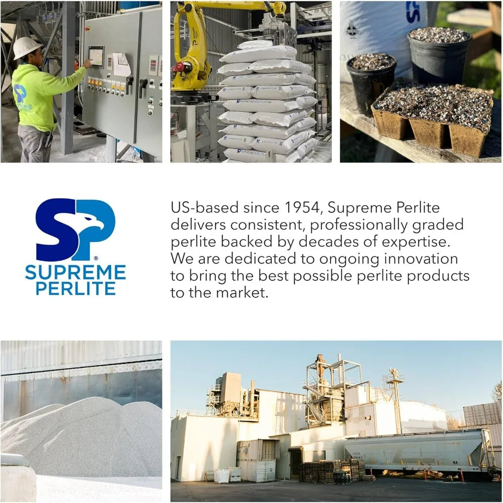 A collage showing the perlite production facility, workers, manufacturing equipment, and processed material.