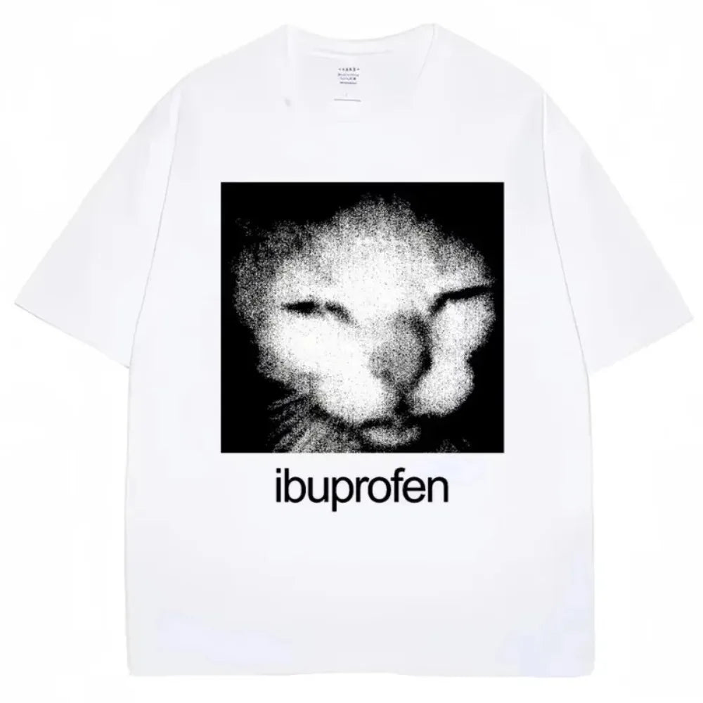 White crew neck short sleeve t-shirt with a vintage cat graphic print and the text ibuprofen