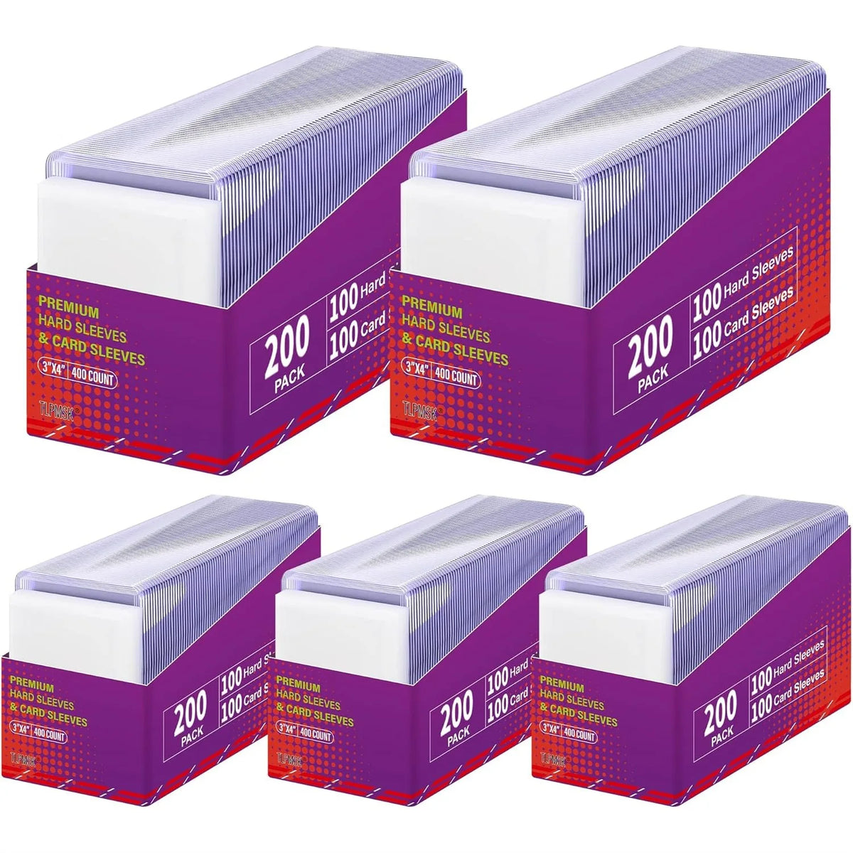 A set of five boxes of 3x4 inch hard plastic trading card sleeves