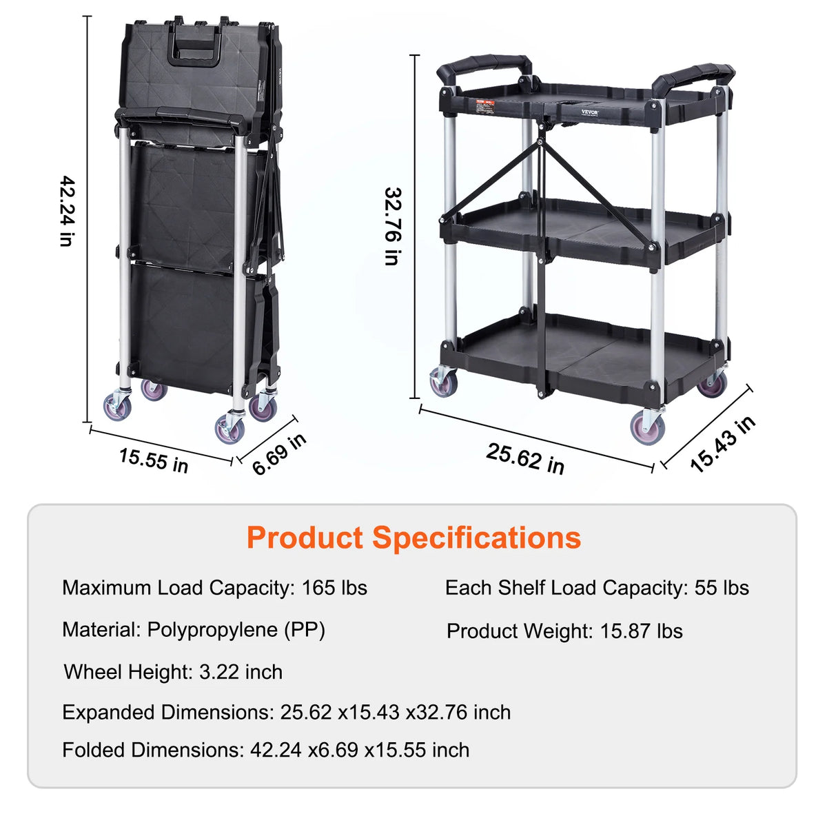 SucceBuy 3-Tier Folding Utility Cart, 165 lbs Capacity – 3 layers 15.87lbs
