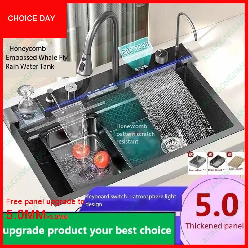 Stainless steel kitchen workstation sink with digital display, pull-out faucet, and honeycomb texture finish