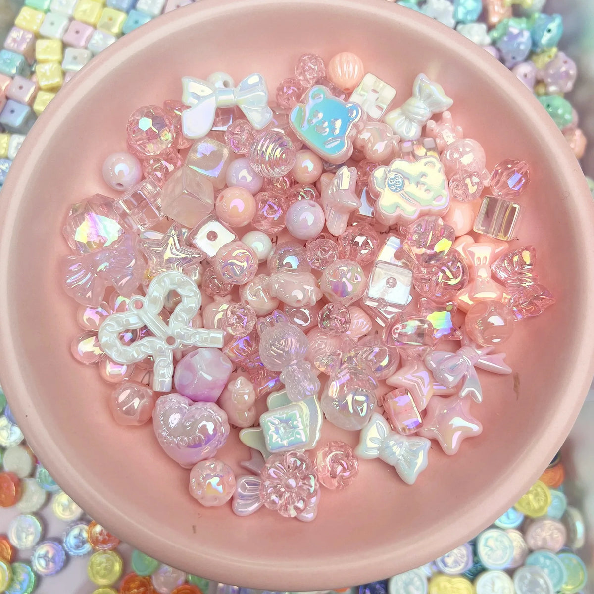 20g Y2K Acrylic Mixed Bowknot, Flower, and Heart Beads for DIY Jewelry – Light Pink