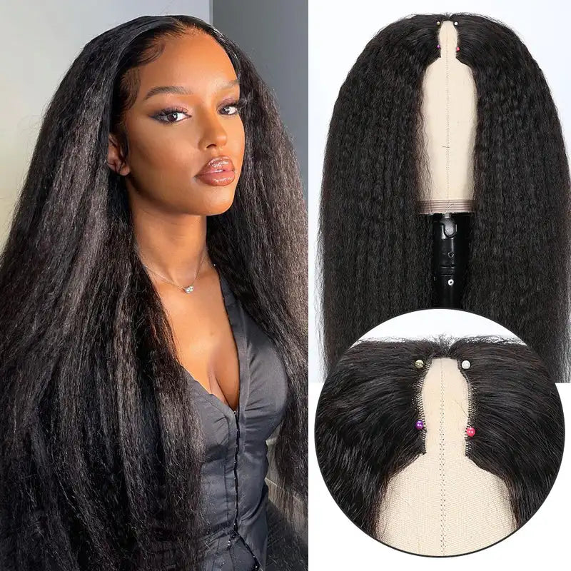 Straight textured black wig featuring a U-part design on a mannequin head and worn by a woman.