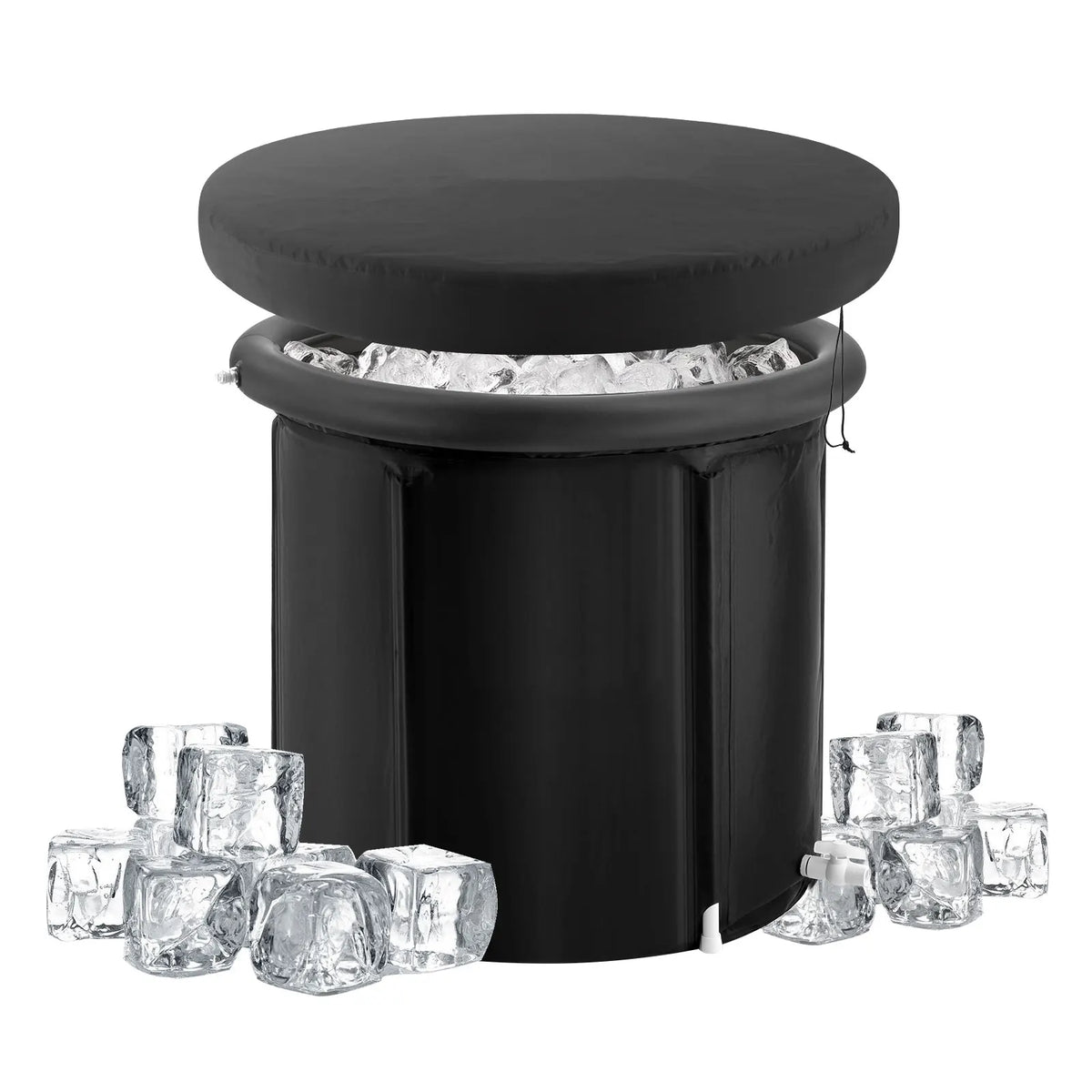 Portable black inflatable ice bath tub with a cover and scattered ice cubes