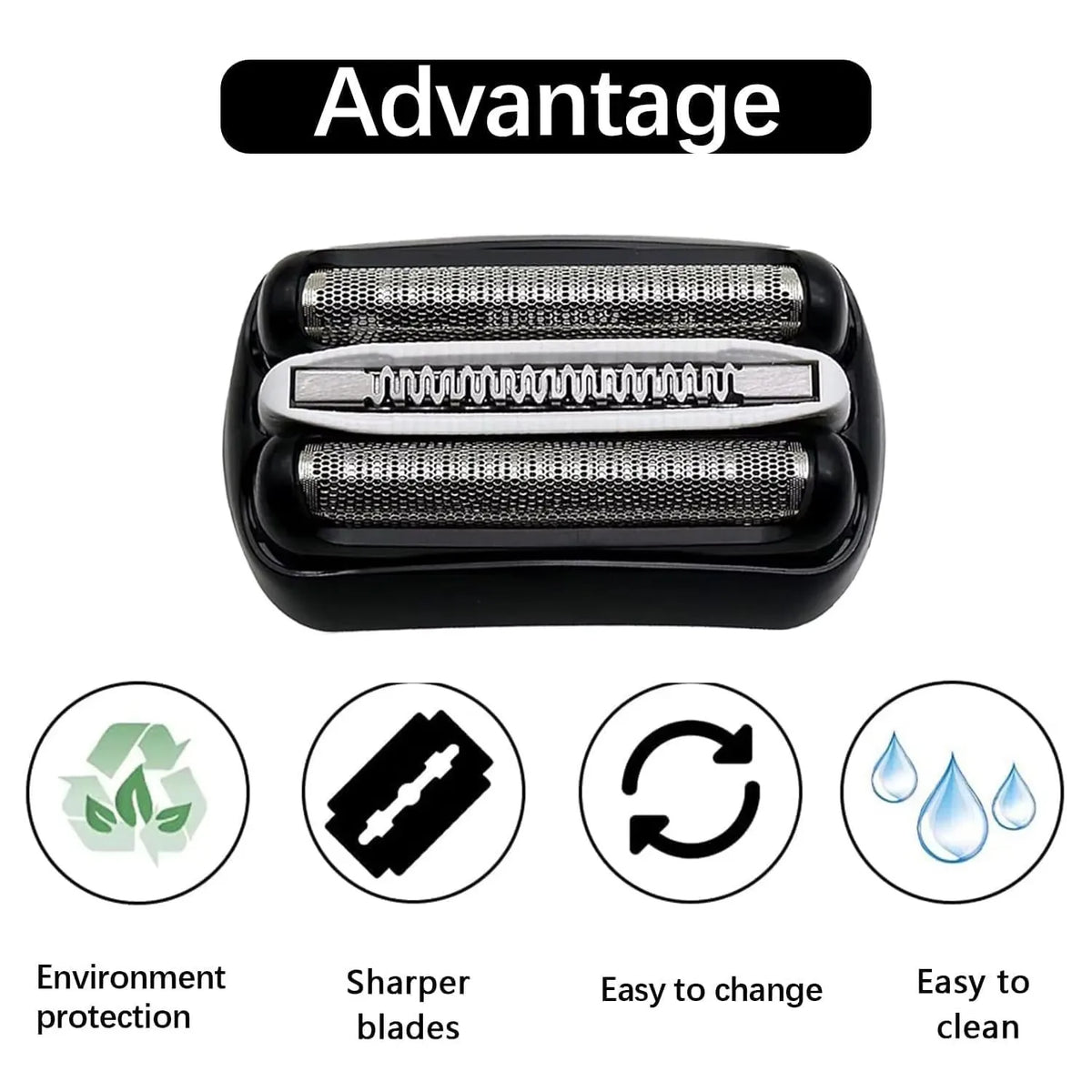 Advantages of replacement shaver heads featuring icons for environmental protection, sharpness, and cleaning.