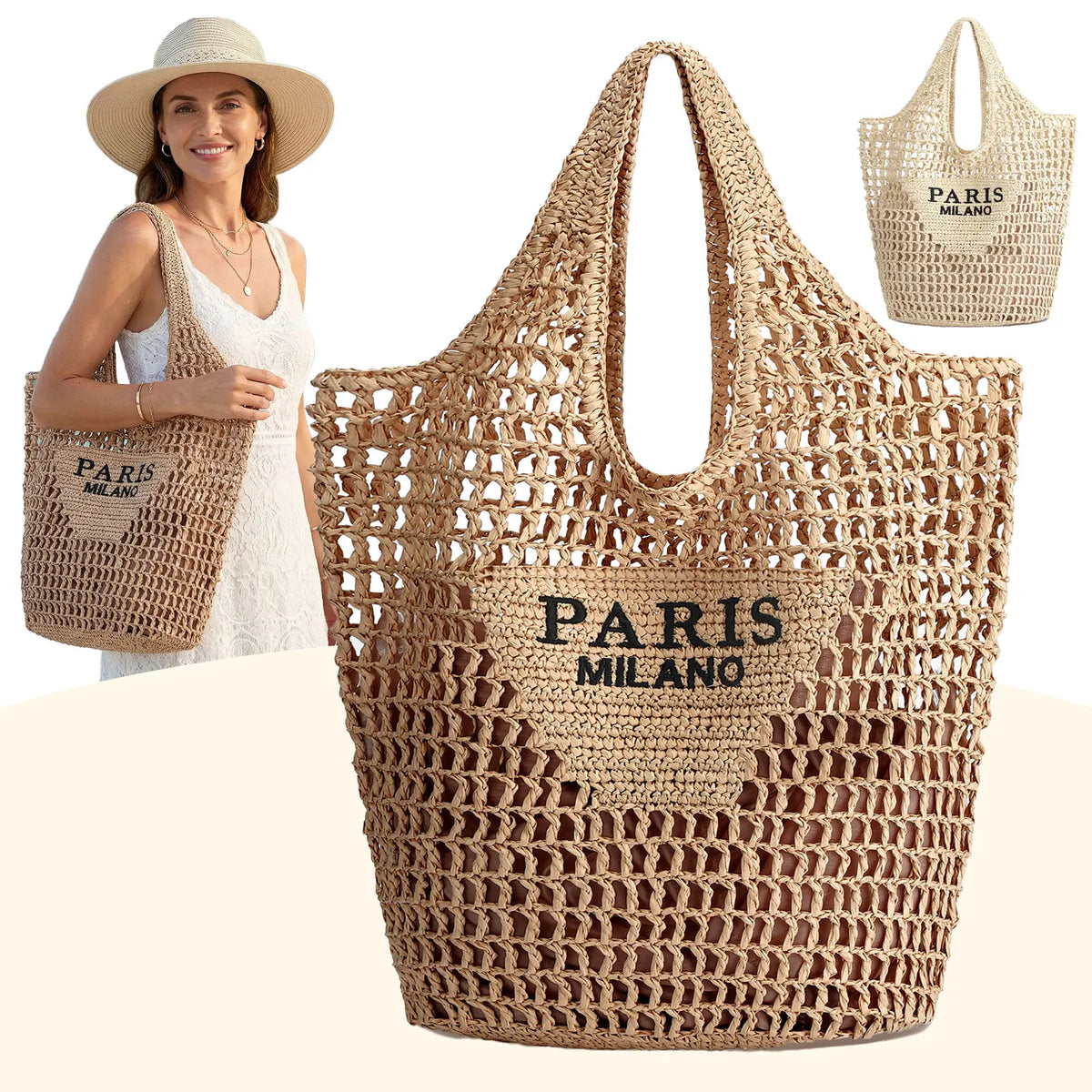 A beige woven mesh beach tote bag with top handles, shown being carried by a woman wearing a white dress and straw hat.