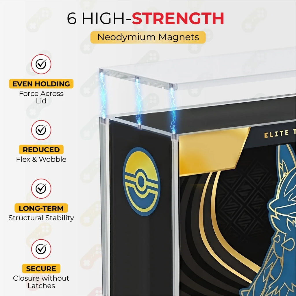 Clear acrylic display case showing magnetic closure features